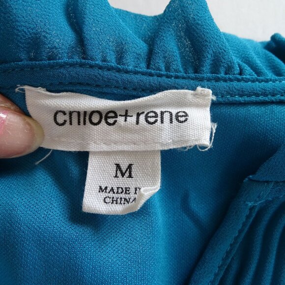 Chloe Rene Sleeveless Pleated V-Neck Blue Shift Dress Women Size M Lined Flowing - Picture 5 of 9